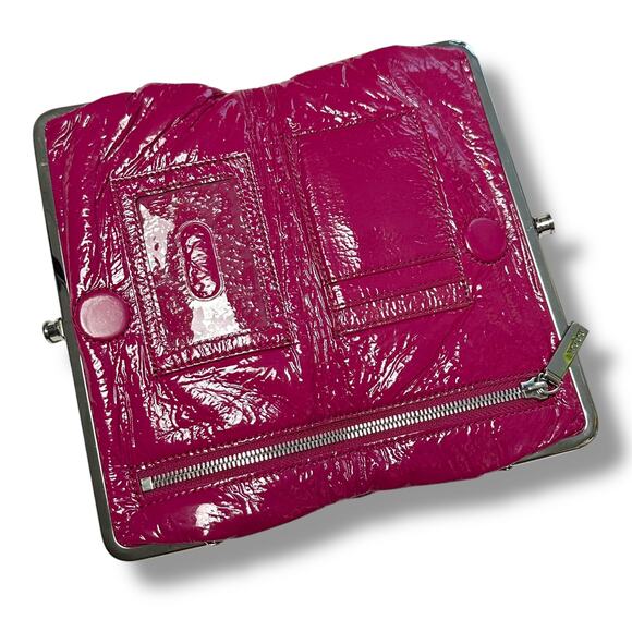 Hobo Lauren Double Frame Clutch Wallet Fuchsia Pink Raspberry Patent Leather - Picture 2 of 10